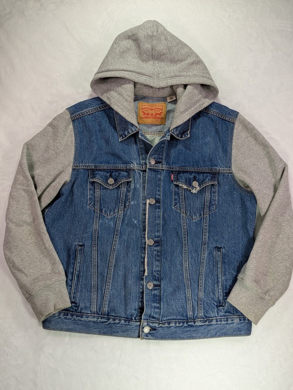 Levis Custom Hooded Trucker Jacket Mens L Bleached Denim Punk Streetwear OOAK